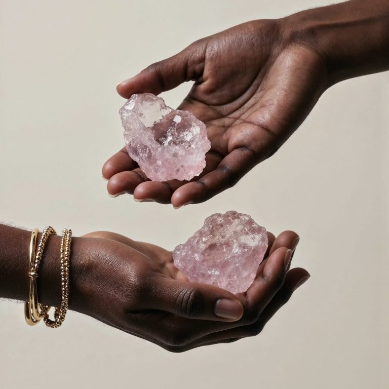 woman hands holding rose quartz ccrystal
